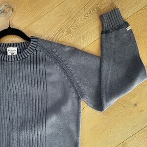 Vintage 80s 90s Columbia men's faded blue ribbed crewneck sweater. Size medium